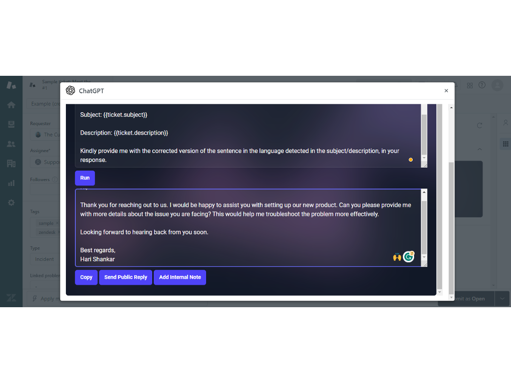 Saasly's ChatGPT Helper on Zendesk support